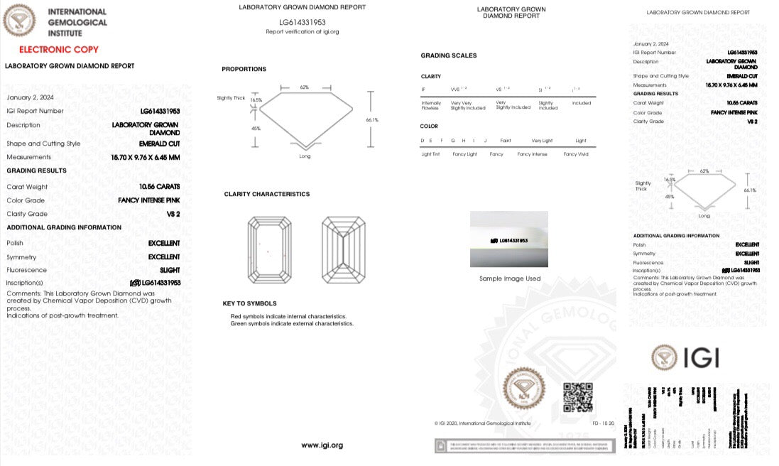10.56 carats emerald cut fancy intense pink vs LG614331953 |AGNES Jewelry